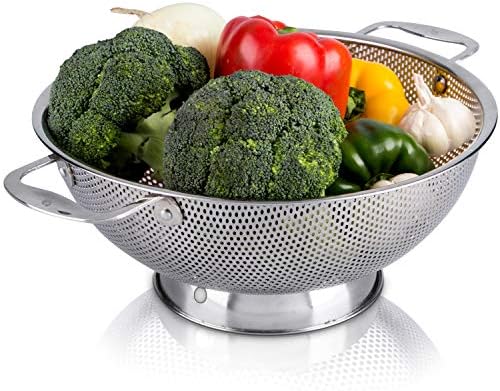 LiveFresh Stainless Steel Micro-Perforated 5-Quart Colander - Professional Strainer with Heavy Duty Handles and Self-draining Solid Ring Base - Dishwasher Safe