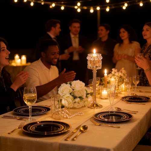 BESTVIP 100PCS Black Plastic Plate with Gold Rim