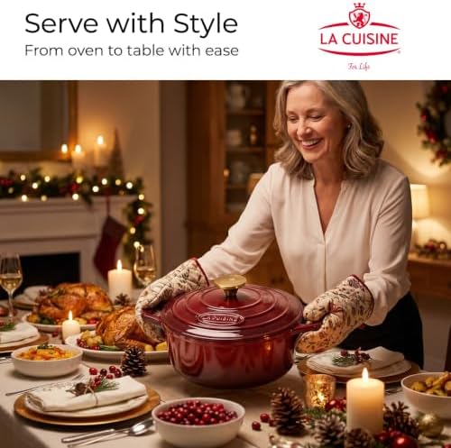 La Cuisine Enameled Cast Iron Dutch Oven Casserole Pot with Golden handle for Lid, Internal Matte Black Enamel Coating, 6.5 QT 11" / 28cm Ø, Oven-Safe 550°F/276°C, Cranberry