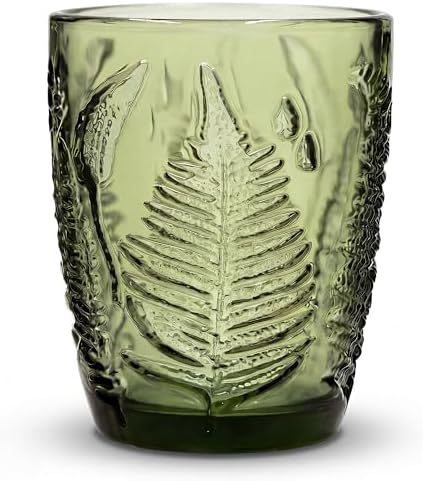 Vintage Green Drinking Glass, 10 oz Hand-Pressed Deep Textured Glass Cup, Fern Embossed Retro Glassware, Decorative Tumbler for Water, Cocktails & Juice, Boho Colored Kitchen Drinkware, Unique Gift