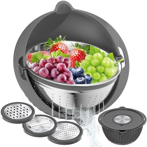4-in-1 Colander with Bowl Set – Food Strainers and Colanders - Stainless Steel Rotatable Strainer for Fruits & Veggies – Pasta Strainer - Kitchen Essentials - Grey