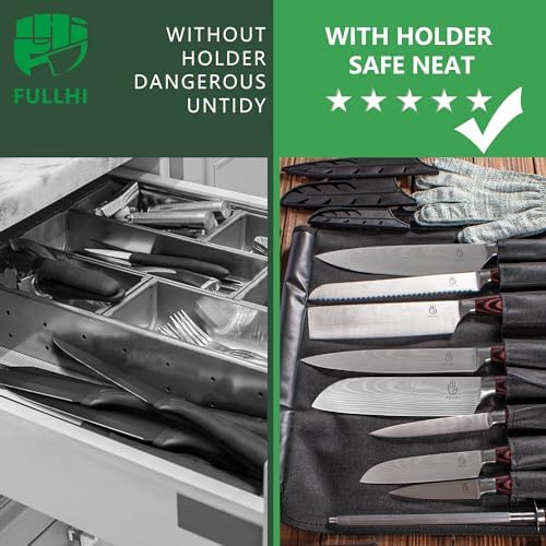FULLHI 15pcs Japanese Knife Set with Magnetic Knife Block Holder, Japan Stainless Steel Blades, Ergonomic Handles for Professional and Home Cooking（Coffee wood, Magnetic Block Knife Set)