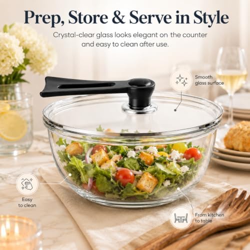 Large Glass Bowl for Sourdough Bread Making 6 QT Glass Mixing Bowl with Lid and Black Stand-Up Handle, Clear Sourdough Bread Proofing Bowl with Cover, Ideal for Baking, Meal Prep and Kitchen Storage