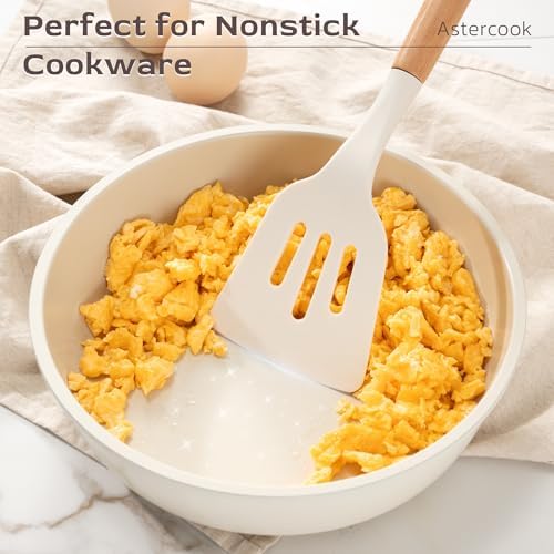 Astercook Kitchen Utensils set, 39 PCS Silicone Cooking Utensils Set with Wooden Handle, 446°F Heat Resistant Food Grade Utensil Sets, BPA Free Kitchen Gadgets Tools Set for Nonstick Cookware (Cream)