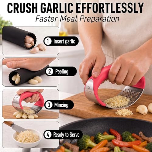 Zulay Kitchen Stainless Steel Garlic Press Rocker Set - Premium Garlic Mincer Garlic Crusher - New Innovative Garlic Crusher with Peeler and Scraper - Comfortable Grip (Red)