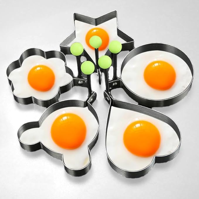 Egg Pancake Rings,5pcs Fried Egg Molds in Star, Round, Heart Different Shaped,Stainless Steel Omelette Frying Cooking Tools Kitchen Accessories Gadget Rings,with a Silicone Pastry Brush,Set of 5
