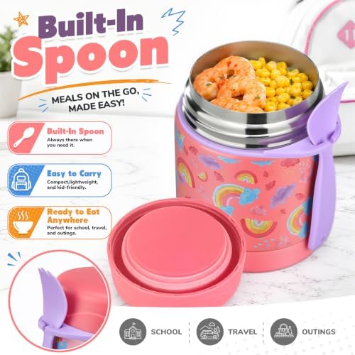 10oz Soup Thermo for Hot Food Kids,Lunch Thermo Kids Food Jar with Spoon Hot Insulated Food Containers,Leak Proof Stainless Steel Wide Mouth Lunch Thermo Jar for School(Pink-Rainbow)