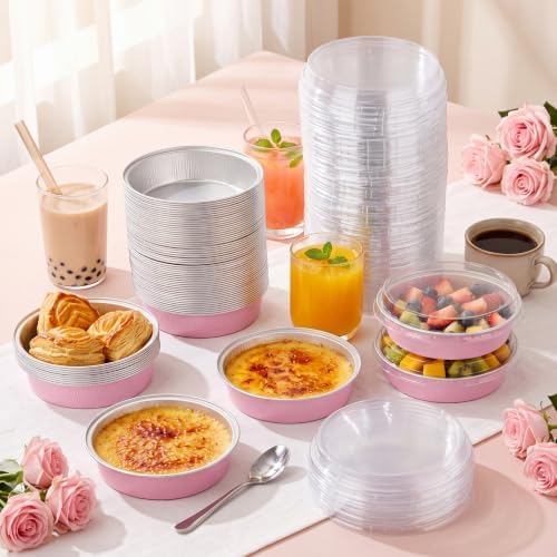 Yinder 120 Pcs 8 oz Disposable Creme Brulee Ramekins with Lids, 4 Inch Mini Pie Tins Aluminum Foil Pie Tart Cake Baking Pans Individual Round Containers Oven Safe (Light Pink)