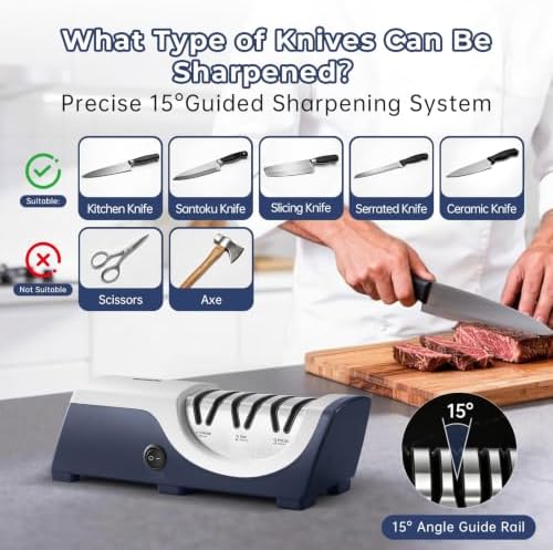 Kitchen Professional Electric Knife Sharpener: 3-Stage 100% Diamond Knife Sharpeners - 15° Precision Electric Sharpening Tool to Restore & Polish Chef Knives | Gift Choice for Chefs & Dads