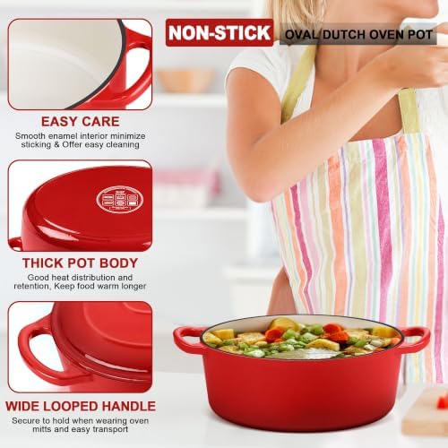 E-far 5QT Oval Dutch Oven Pot with Lid, Red Enameled Cast Iron Dutch Oven