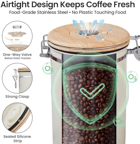 Veken Coffee Canister,39OZ, 2.2lbs,Large Airtight Stainless Steel Container Kitchen Food Storage Jars for Beans,Ground, Espresso, Rice,Tea, Sugar, Cereal, Gifts, Date Tracker, Scoop, Cream (Pack of 2)
