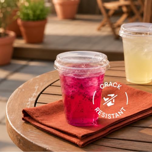 12 oz Clear Plastic Cups with Strawless Sip-Lids [50 Sets] PET Crystal Clear Disposable 16oz Plastic Cups with Lids - Crystal Clear, Durable Cup - BPA Free + Crack Resistant, for Coffee, Juice, Shakes