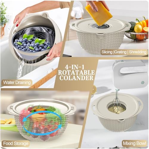 4-in-1 Colander with Bowl Set — Patented 360° Rotatable Strainer Bowl with 3 Graters, Snap-On Lid & Non-Slip Base, Funny Kitchen Present for Women, Aesthetic Pasta Fruit Vegetable Strainer (Beige)
