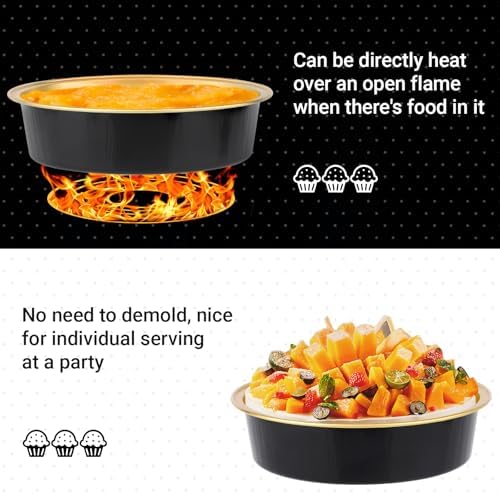 Beasea Aluminum Ramekins 100 Pack, 4" 7.3oz 215ml Disposable Baking Foil Cups Mini Ramekin No Lids Cupcake Aluminum Baking Cups for Party - Black Gold