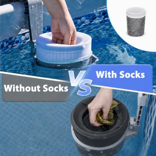 TidyMister Above Ground Pool Surface Debris Skimmer Basket with Pre‑Filter Socks for Intex Pools, Quick Set Up & Adjustable Mounting Bracket for 800+ GPH Pumps, Automatically Removes Leaves & Debris