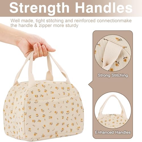 TESAFNG Lunch Bag - Insulated Lunch Box for Women, Reusable Large Capacity Cooler Bag for Adult, Small Leakproof Cute Corduroy Lunch Tote for Work Office Travel Picnic (Corduroy Chrysanthemum)