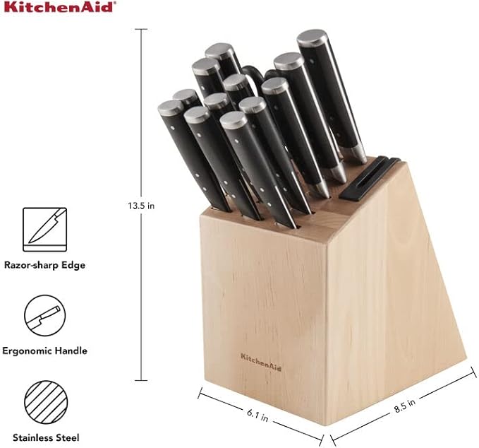 KitchenAid Gourmet Forged Triple Rivet Knife Block Set with Built-in Knife Sharpener, High Carbon Japanese Stainless Steel Kitchen Knives, Sharp Kitchen Knife Set with Block, Birchwood, 14-Piece