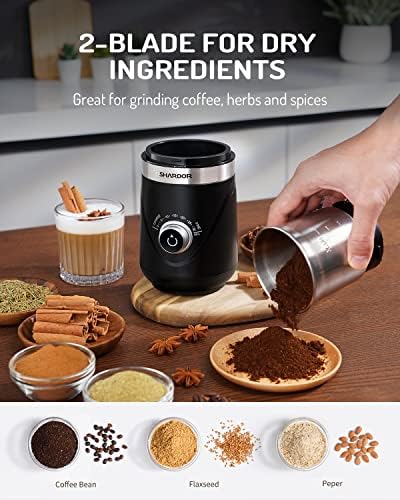 SHARDOR Electric Super Silent Blade Coffee Grinder, Timed Grind Control Rotary Knob, Adjustable Coarse to Fine for Coffee Beans, Spices & Herbs, with 2 Removable Stainless Steel Bowl, Black