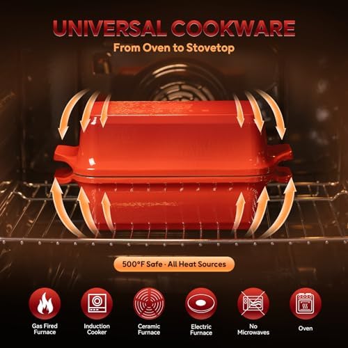 Enameled Cast Iron Dutch Oven for Sourdough Bread Baking, 9×5 Dutch Oven Pot with Lid, 2 in 1 Bread Pans with Lid for Baking, Roasting & Braising, Easy Release, Oven & Induction Safe (4.2 QT,Red)