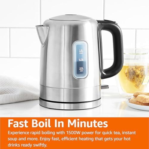 Amazon Basics Electric Stainless Steel Kettle for Tea and Coffee, BPA-Free, Fast Boiling, Auto Shut-Off, 1 Liter, 1500W, Black and Silver