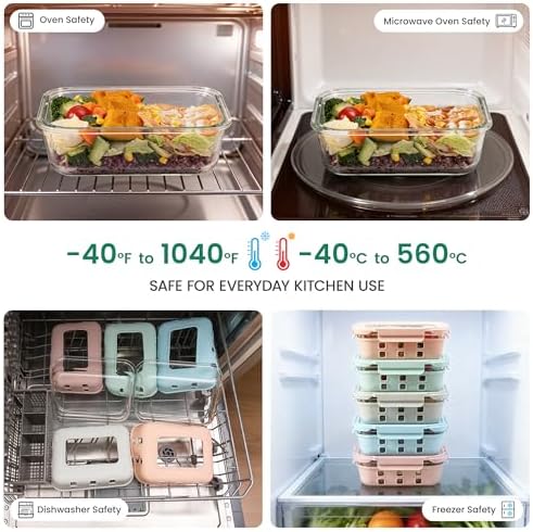 GENICOOK Glass Meal Prep Containers 5 Pack, 4.4 Cup Airtight Leakproof Lids, Borosilicate Glass Food Storage Containers, Microwave Oven Freezer Safe, BPA Free Lunch Containers