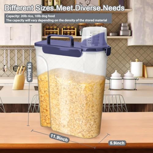 Komzon Rice Storage Containers, 20 lb Rice dispenser with Pouring Spout Large Bin for Flour, Pasta, Grain and Baking, Pet Dog Cat Bird Food Container Blue
