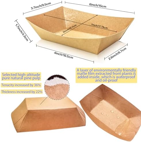 100 Pack 2lb Paper Food Trays, Heavy-Duty Paper Food Boat Disposable Serving Basket Tray for French Fries Nachos Snack Hot Dog Taco BBQ Popcorn Party Picnic Wedding Party (Brown)
