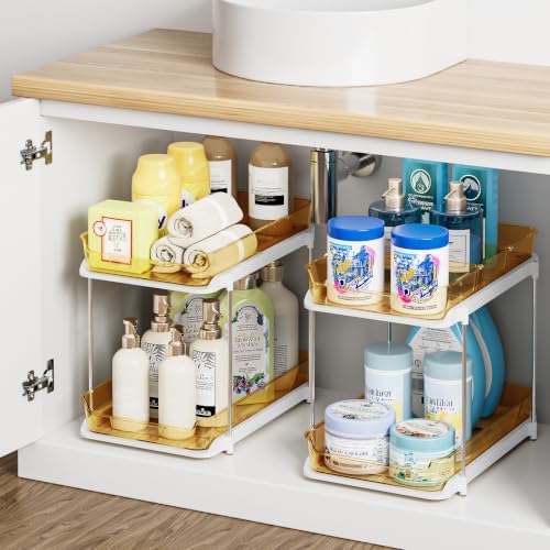 Delamu 2-Tier Multi-Purpose Bathroom Under Sink Organizers and Storage, Stackable Kitchen Pantry Organization, Pull Out Medicine Cabinet Organizer with Movable Dividers, Golden, 2 Pack