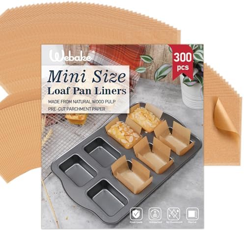 Webake 300pcs Unbleached Parchment Paper Mini Loaf Pan Liners Compatible with Wilton Mini Loaf Pan, Original Precut, Non Toxic Baking Paper for Banana Bread