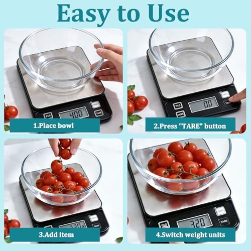 Waterproof Food Scale, 22lb Digital Kitchen Scale with Batteries, 304 Stainless Steel Precision Gram Scale for Baking, Cooking, Meal Prep, Tare Function