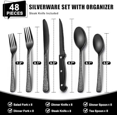 49-Piece Black Silverware Set with Organizer, Food-Grade Stainless Steel Black Flatware for 8, Cutlery Utensil Sets with Steak Knives, Rust-proof, Mirror Polished, Dishwasher Safe, Tree Pattern