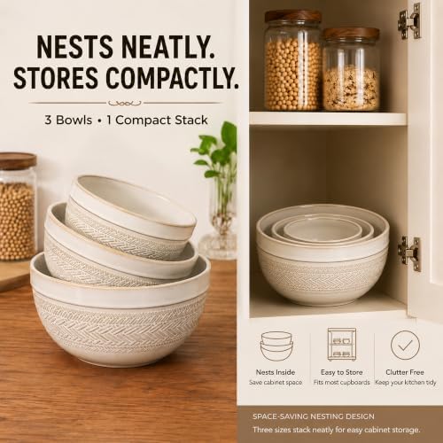 Ceramic Mixing Bowls Set of 3, Large Nesting Serving Bowls