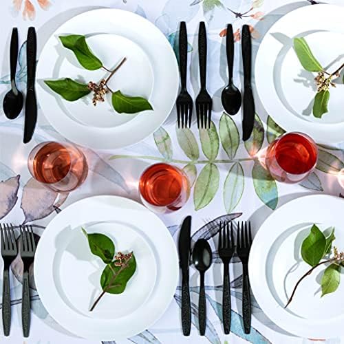 Heavy Weight Plastic Silverware Set - 200 Forks, 100 Knives, 100 Spoons - Disposable Cutlery Combo (Black) (Pack of 6)
