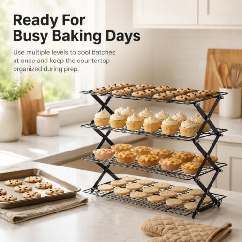 4 Tier Collapsible Cooling Racks for Baking, Adjustable Wire Cooling Rack, Stackable Roasting Cooking Drying Cooling Racks for Cookies, Bread and Picnic Party Must Haves