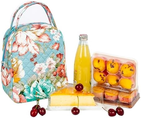 Machine Washable Women Quilted Fabric Insulated Reusable Cooler Lunch Bag Tote Adult Thermal Lunch Box Storage Bag for Ｗork (Floral)