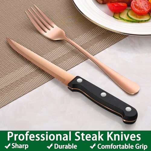 24 PCs Rose Gold Flatware Sets Service For 4, Copper Kitchen Utensils Set