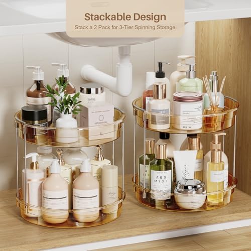 LAMU 12inch 2 Tier Lazy Susan Turntable Organizer Rotating Spice Rack Organization for Cabinet, Kitchen, Pantry, Countertop, Bathroom, Vanity, Medicine Cabinet Organizer, Amber