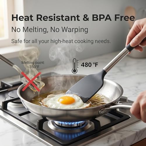 2-Pack Silicone Solid & Slotted Turner Spatulas, Non-Stick Heat Resistant Cooking Utensils for Eggs, Fish & Pancakes, Stainless Steel/Black Handle