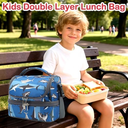 FlowFly Kids Double Decker Cooler Insulated Lunch Bag Large Tote for Boys, Girls, Men, Women, With Adjustable Strap, Shark