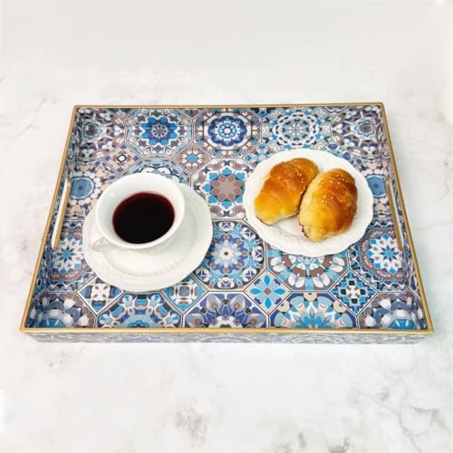 Boho Coffee Table Tray, Decorative Serving Tray with Handles, Large Tray for Ottoman,Coffee Table，Living Room Modern, Blue，
