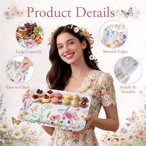 Vesici 4 Pack Wildflower Melamine Serving Trays, 13 x 10 in Rectangular Decorative Platters, Floral Boho Snack & Appetizer Trays for Parties, Buffet, Home Decoration, Multicolor