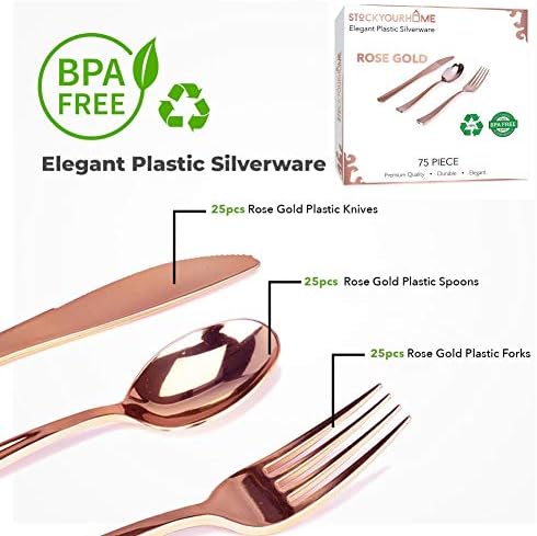 75-Pcs Heavy Duty (Rose Gold) Plastic Silverware Set, Disposable Cutlery Set, Great for Parties, Weddings, and Catering, Flatware Utensils Included: 25 Forks, 25 Spoons, 25 Knives, Stock Your Home