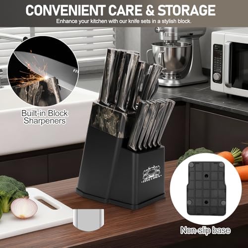 16-Piece Kitchen Knife Block Set with Cutting Board - German Stainless Steel Knives, Built-In Sharpener, Dishwasher Safe, Anti-Slip Handle - All-in-One Cutlery Set for Home/Kitchen (Black)