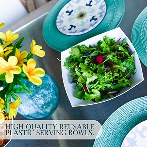 PLASTICPRO Disposable 64 ounce Square Serving Bowls, Party Snack or Salad Bowl, Large Plastic Elegant White Pack of 4