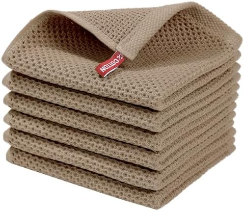 Homaxy 100% Cotton Waffle Weave Kitchen Dish Cloths 6-Pack, Tan