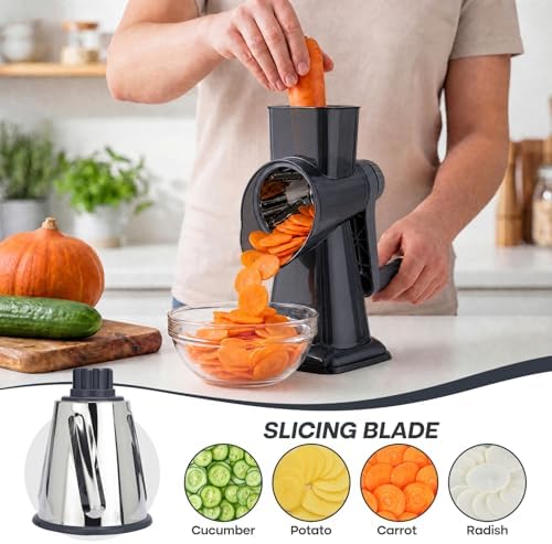 Rotary Cheese Grater, Cheese Grater Hand Crank, 3-Blade Grater