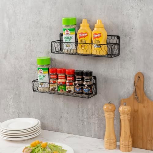 MyGift 12 Inch Black Wire Wall Spice Rack Set of 2 Seasoning Shelf