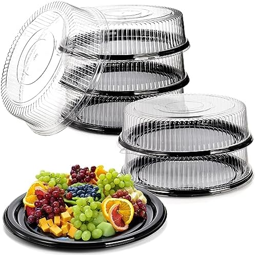 Frcctre 6 Pack 16 inch Plastic Serving Tray with Clear Lid, Heavy Duty Round Large Appetizer Serving Trays Catering Tray Party Platters for Vegetable Catering Picnic