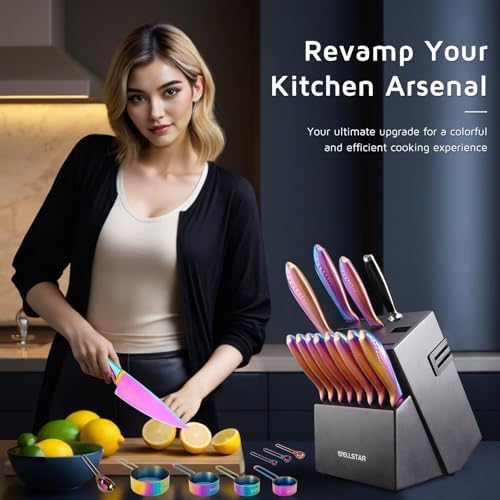 Rainbow Knife Block Set 27-Piece, Iridescent German Stainless Steel Kitchen Knives Set with Wooden Holder, Colorful Titanium Coating, Include Scissors and 2-Stage Built-in Sharpener and 8pcs Gadgets
