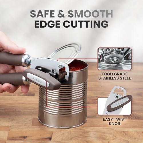Zulay Kitchen Manual Can Opener Heavy Duty Patented Stainless Steel, Brown